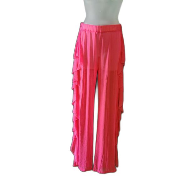 Sheer Mesh Pink Loose Cover Up Elastic High Waist Wide Leg Pants Sz S - Picture 6 of 8